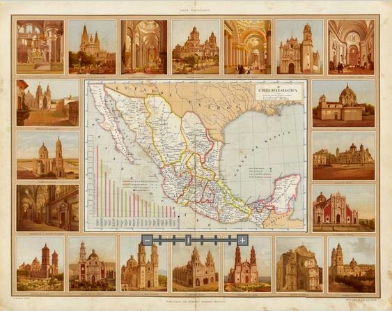 1885 Territory Map of the Various Catholic Dioceses in Mexico