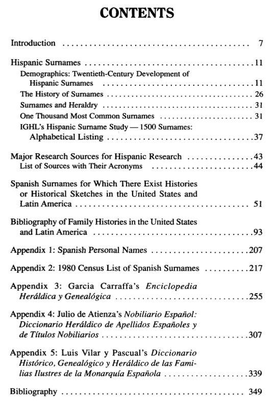 hispanic Surnames and Family History Table of Contents